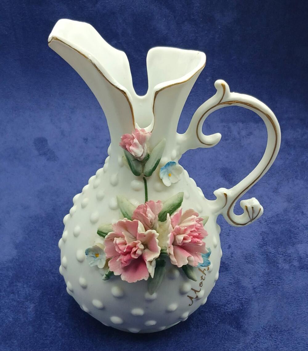 Vintage Hobnail Porcelain w/3D Raised Flowers Pitcher